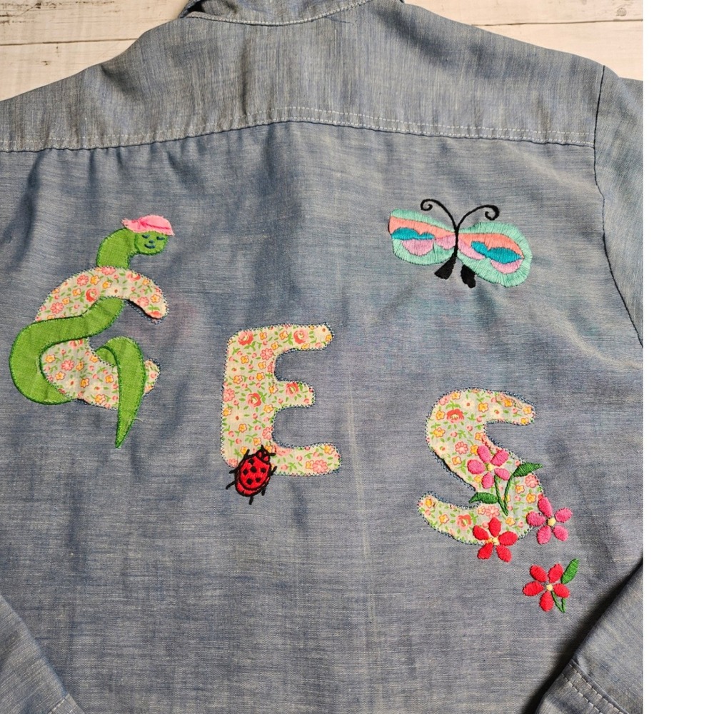 Vintage Big Mac JCPenney Hand Embroidered Chambray Shirt Blue Floral Bird S/M - Picture 10 of 10